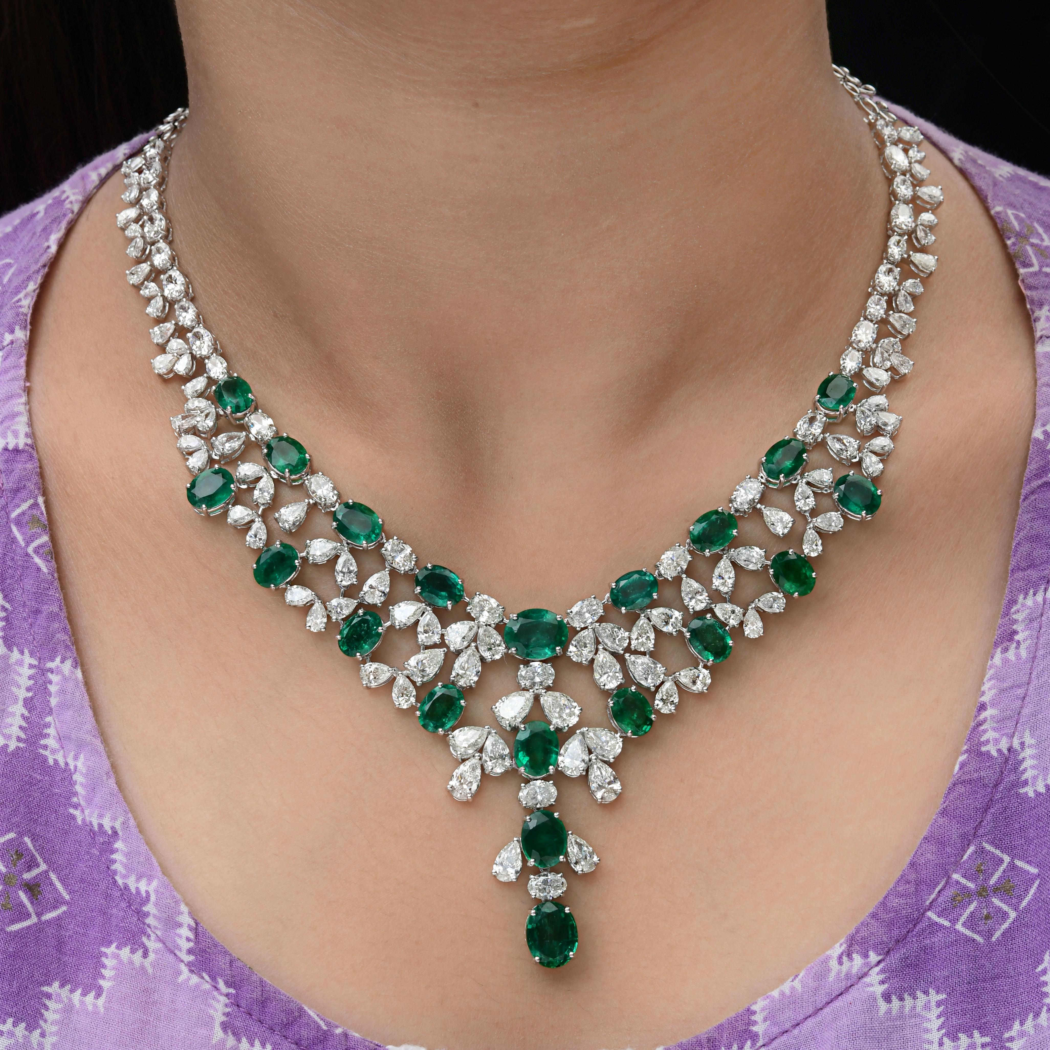 Oval Cut 27.44ct Emerald 30.41ct Diamond Choker Necklace 18k White Gold Bridal Jewelry For Sale