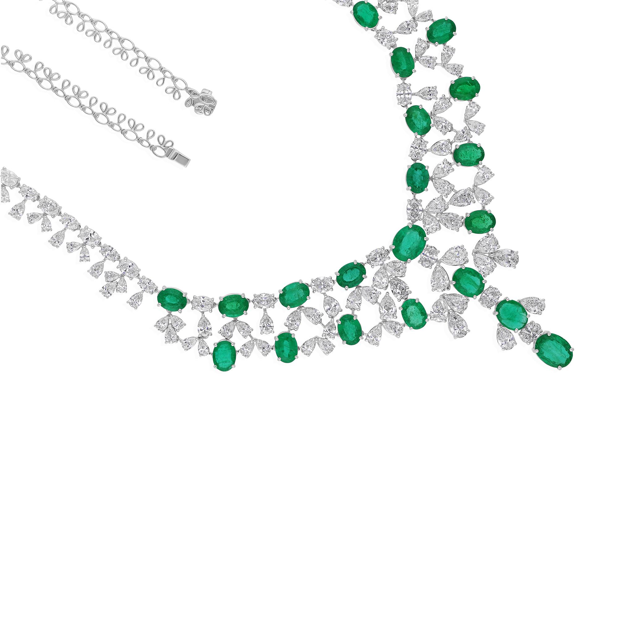 Women's 27.44ct Emerald 30.41ct Diamond Choker Necklace 18k White Gold Bridal Jewelry For Sale