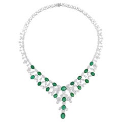 27.44ct Emerald 30.41ct Diamond Choker Necklace 18k White Gold Bridal Jewelry