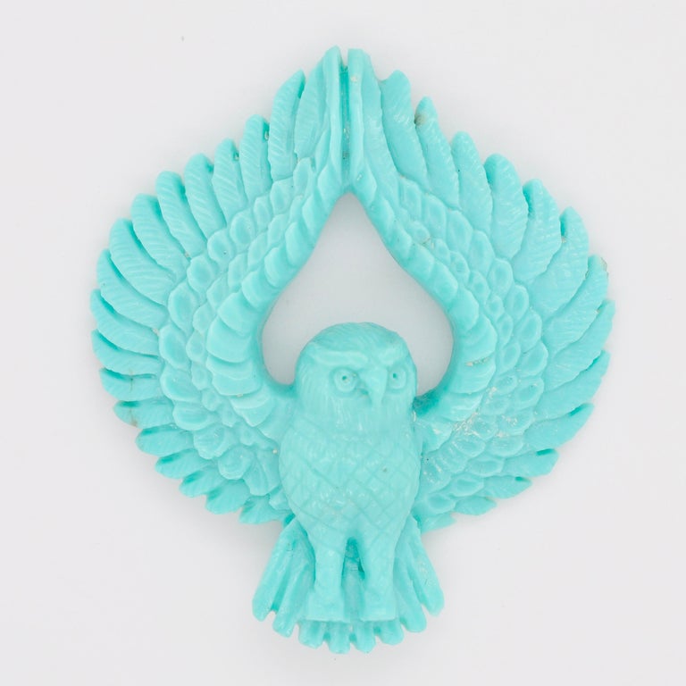 Mixed Cut 27.46 Carat Natural Arizona Turquoise Owl Carving Pendant Brooch For Sale