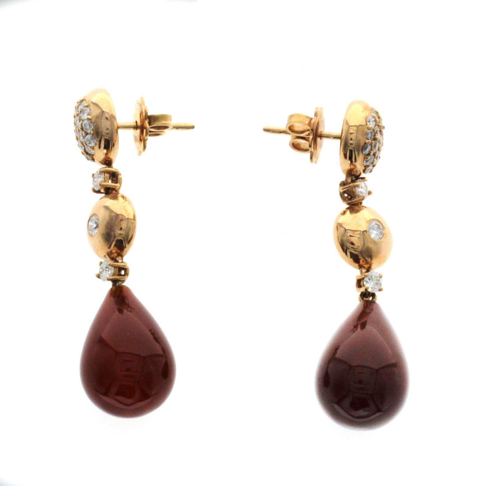 27.46 CT Natural Carnelian & 0.86 CT Diamonds in 18K Rose Gold Drop Earrings In New Condition For Sale In Los Angeles, CA