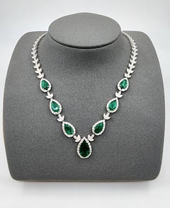 27.46 Ct GIA Certified Colombian Emerald & Diamond Necklace, 18k White Gold