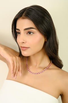 27.47Ct Mozambique Ruby & Diamond Halo Tennis Necklace in 18K Solid Yellow Gold