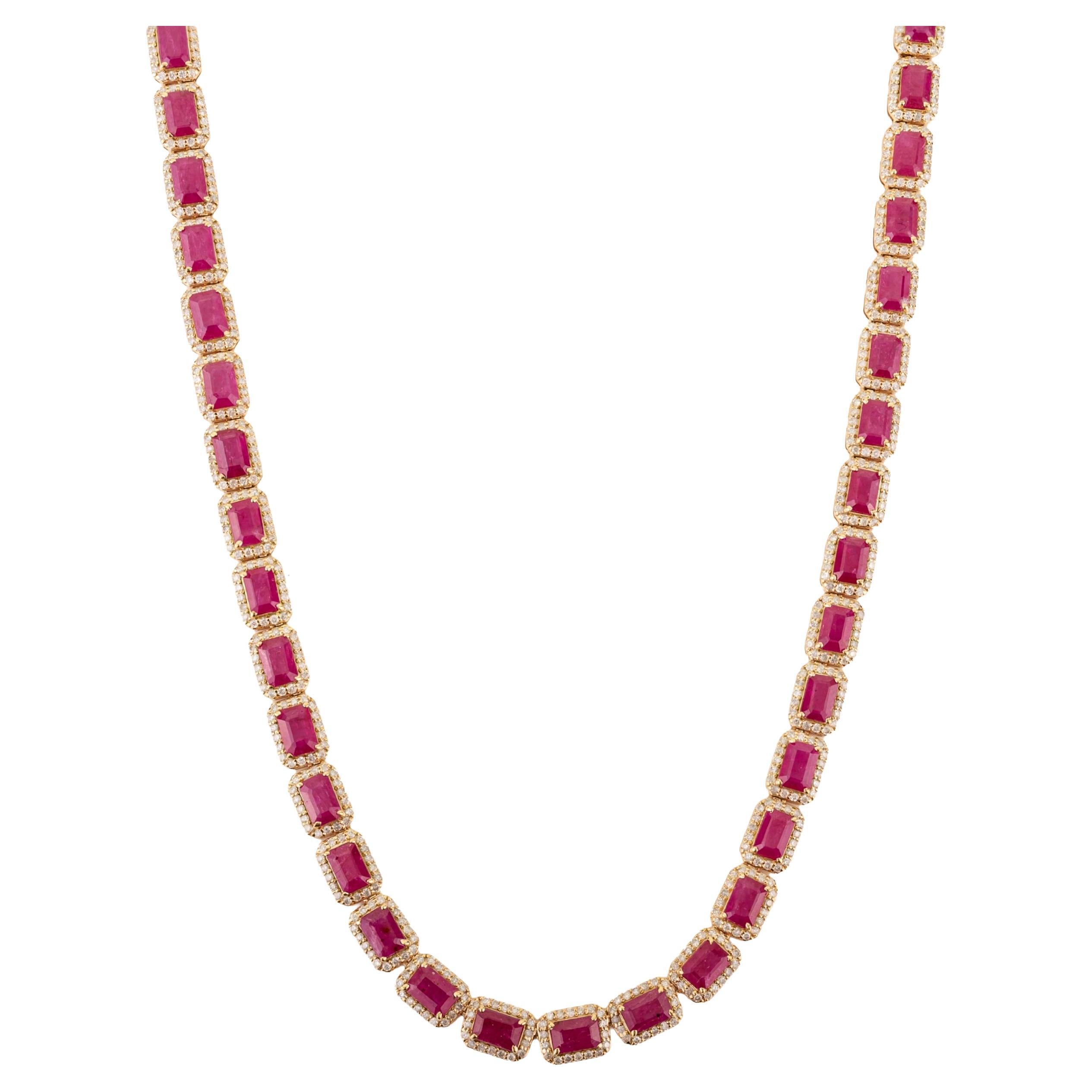 27.47Ct Mozambique Ruby
Diamond Halo Tennis Necklace in 18K Solid Yellow Gold