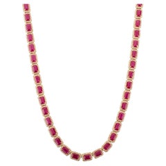 27.47Ct Mozambique Ruby 
Diamond Halo Tennis Necklace in 18K Solid Yellow Gold