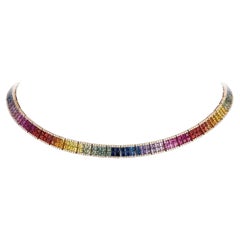 27.47 Carats Diamond Multi Color Sapphire 18K Gold Link Choker Necklace