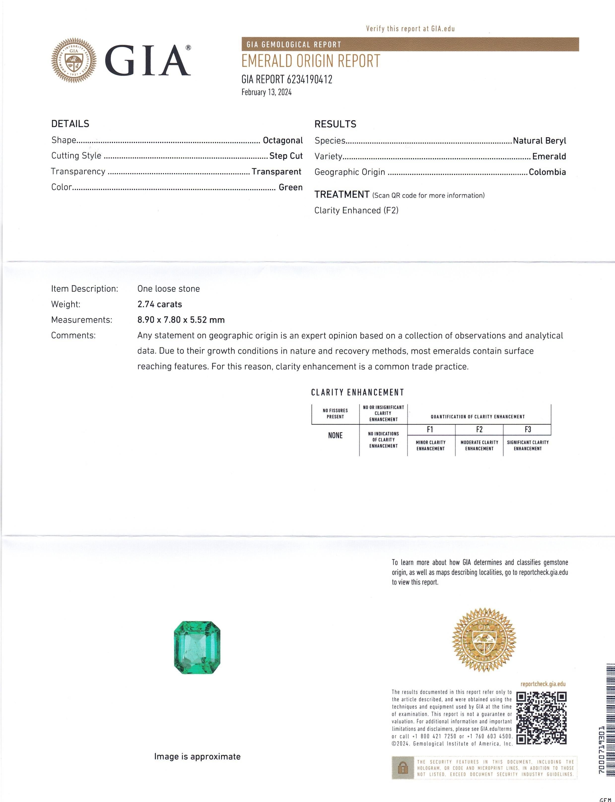 This is a stunning GIA Certified Emerald 


The GIA report reads as follows:

GIA Report Number: 6234190412
Shape: Octagonal
Cutting Style: Step Cut
Cutting Style: Crown: 
Cutting Style: Pavilion: 
Transparency: Transparent
Colour: