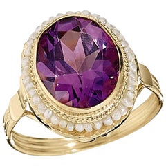2.75 Carat Amethyst and Seed Pearl Ring Set in 14 Karat Yellow Gold Ring
