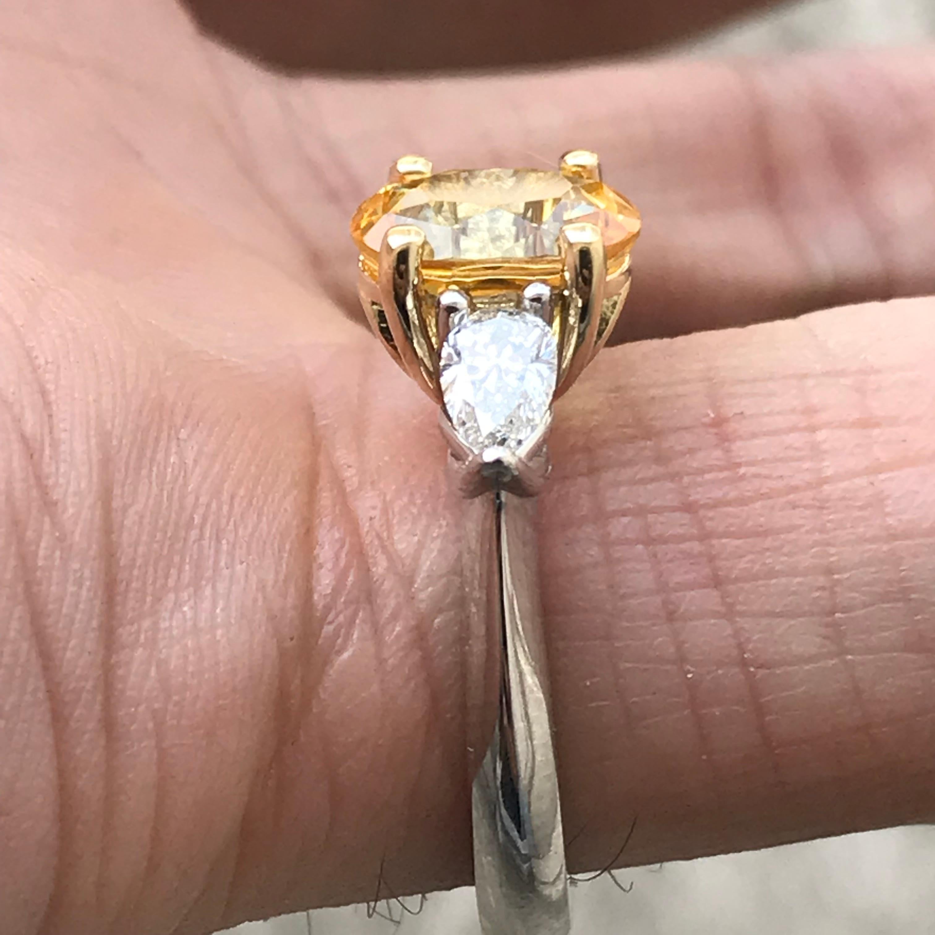 Round Cut 2.75 Carat Approx., Oval Yellow Sapphire and Pear Sides Diamond Ring, Ben Dannie For Sale
