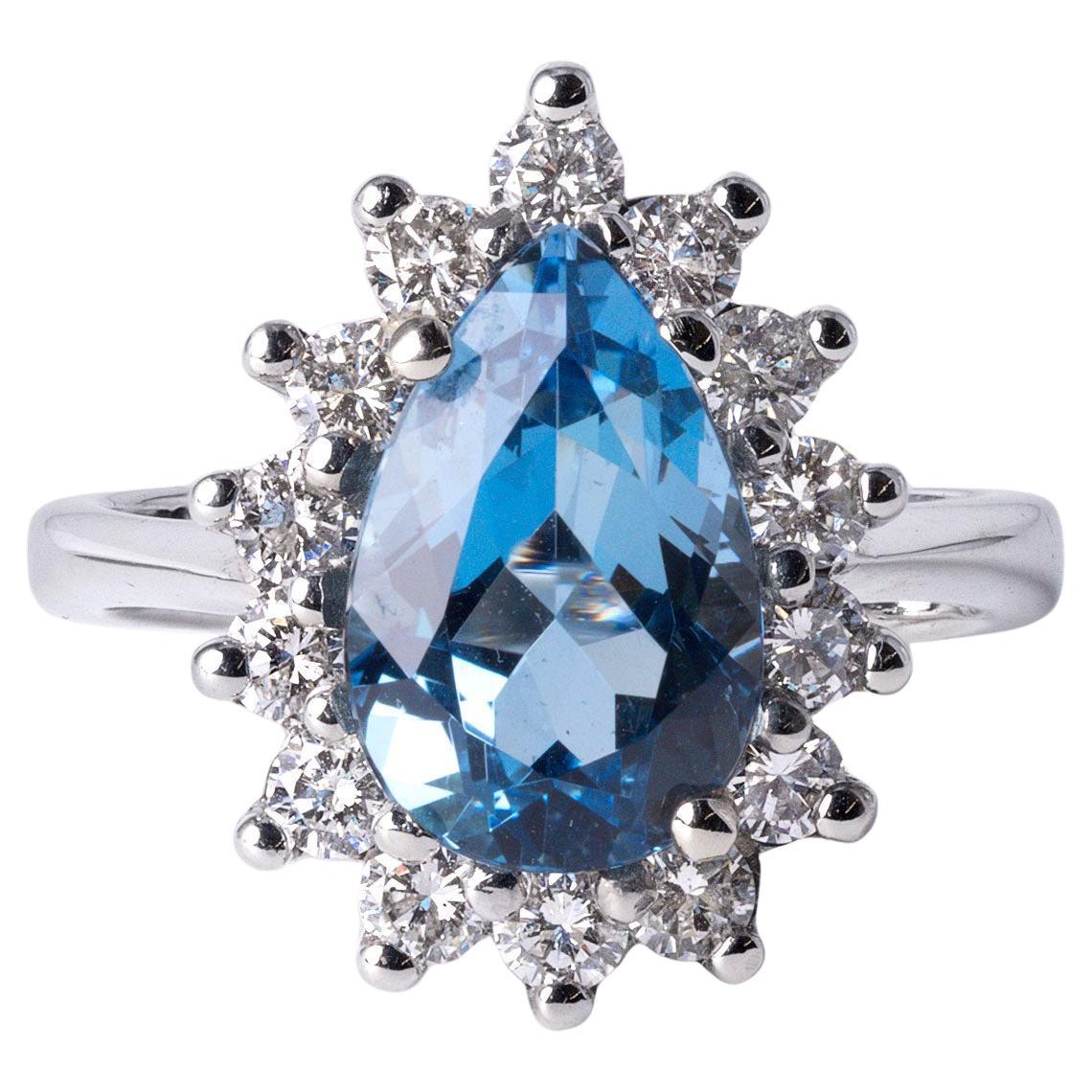 2.75 Carat Aquamarine Pear Shape Diamond Halo Ring - 14K White Gold