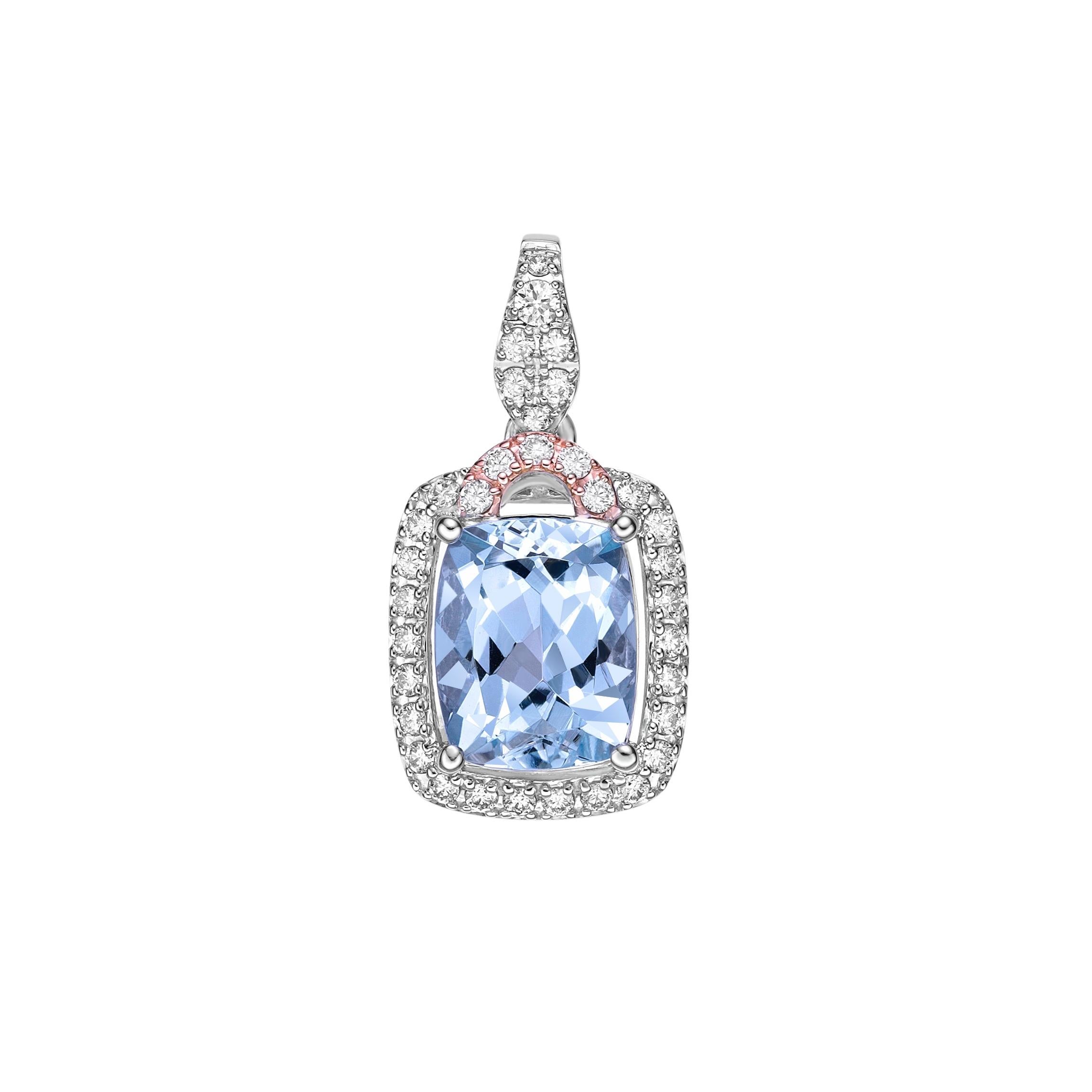 Taglio cuscino Sunita Nahata Acquamarina 2.75ct. Ciondolo in 18KWRG con diamante bianco. in vendita