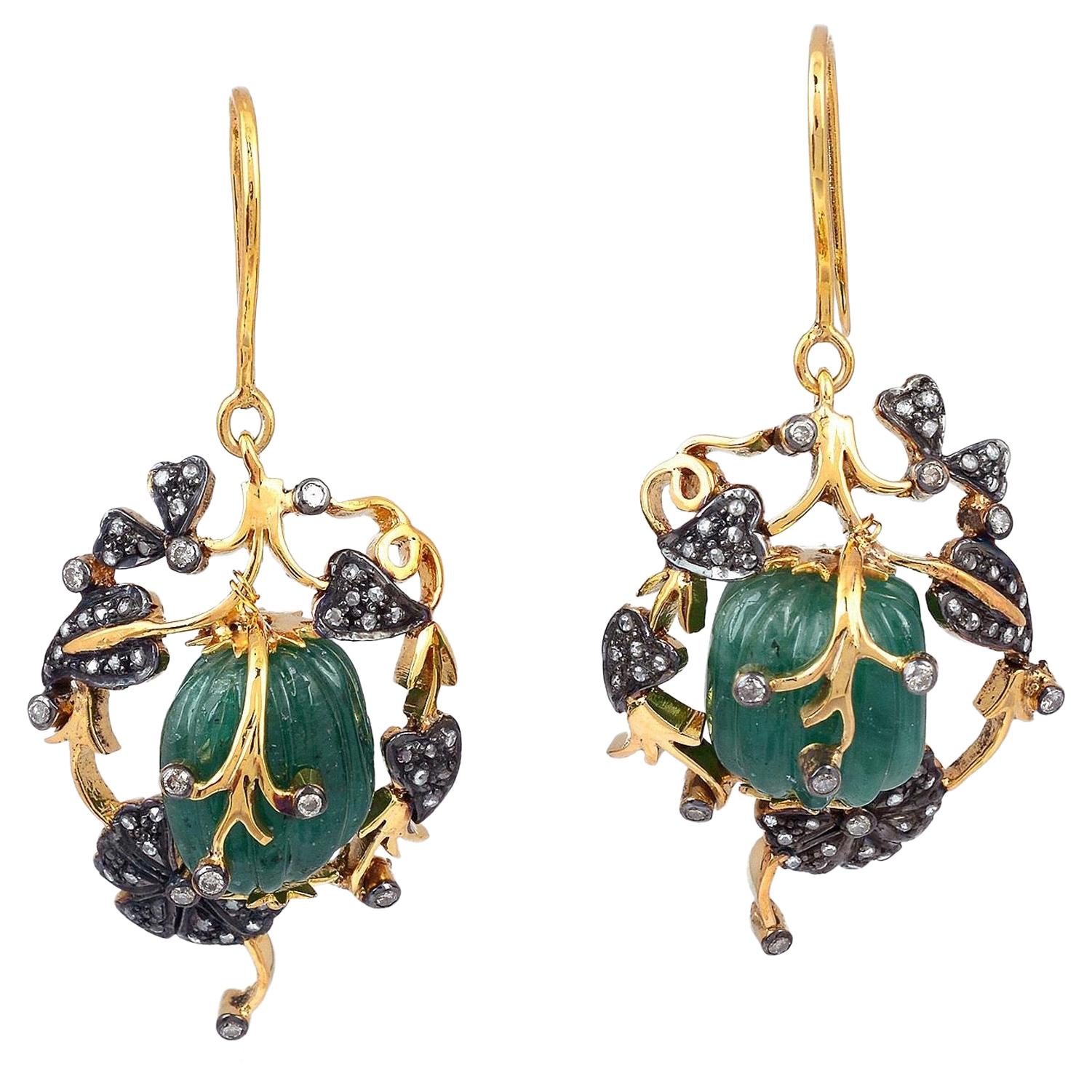 27.5 Carat Carved Emerald 14 Karat Gold Diamonds Earrings For Sale