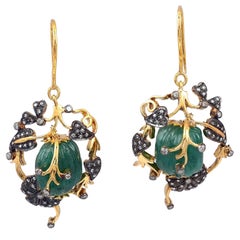 27.5 Carat Carved Emerald 14 Karat Gold Diamonds Earrings