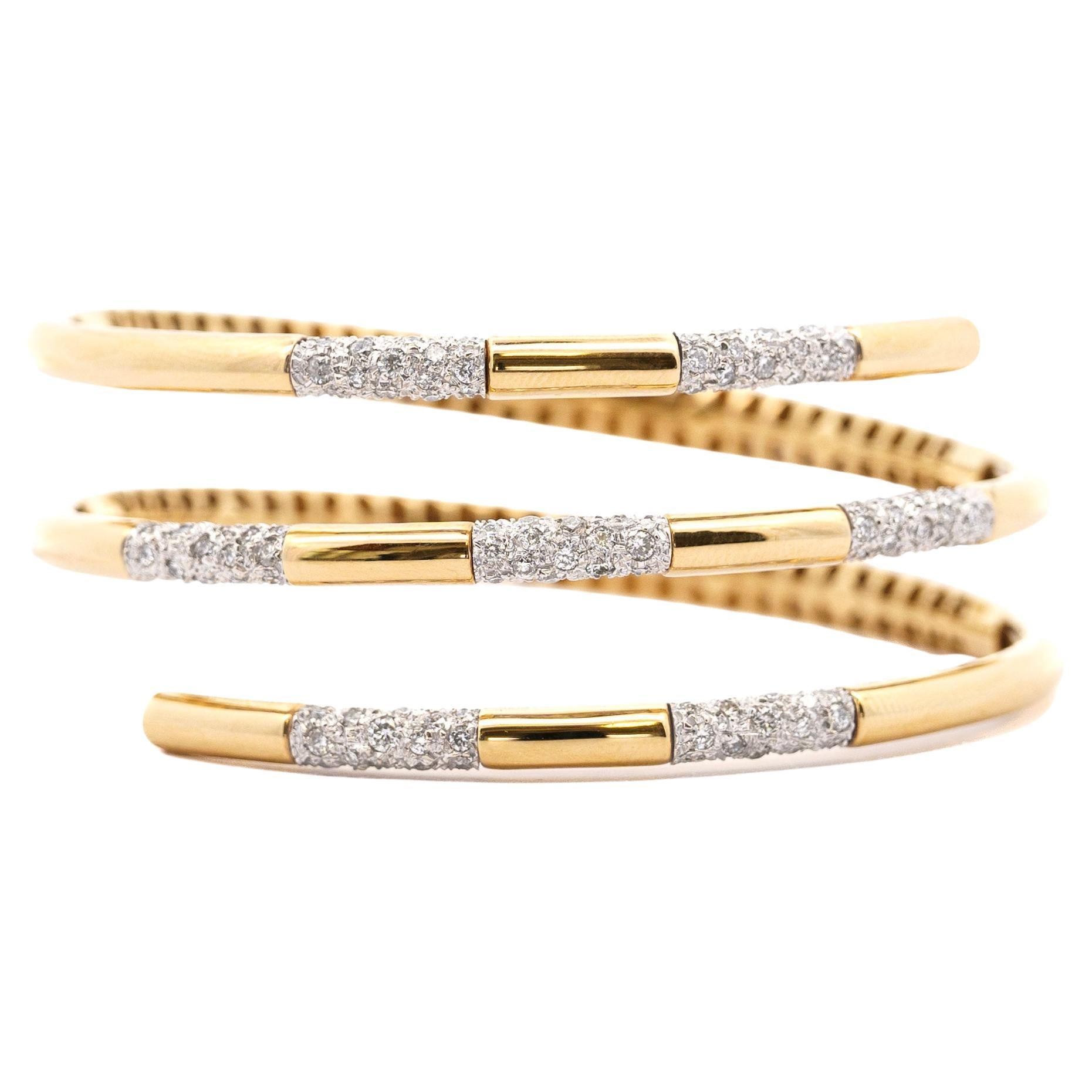 2.75 Carat Diamond 3-Row Curved 14K Gold Bangle Bracelet