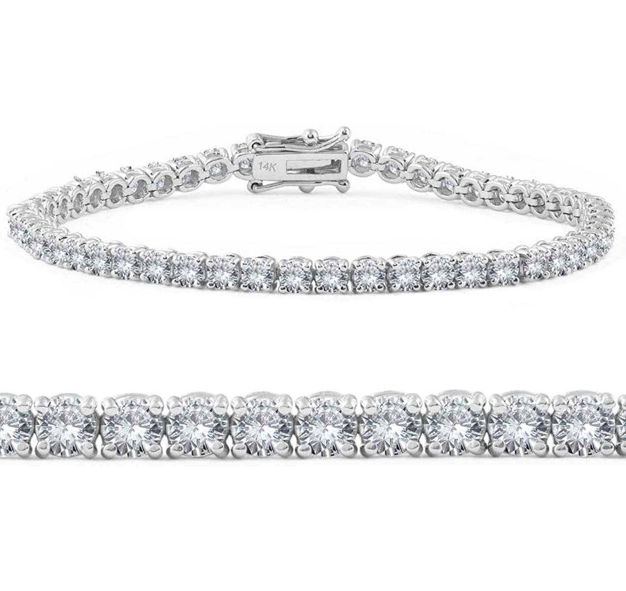 14K White Gold with 2.75TCW Diamond Tennis Bracelet

Add a touch of elegance and luxury to your jewelry collection with this stunning 14k white gold bracelet. This bracelet features 92 round brilliant cut diamonds of total carat weight of 2.75 TCW G