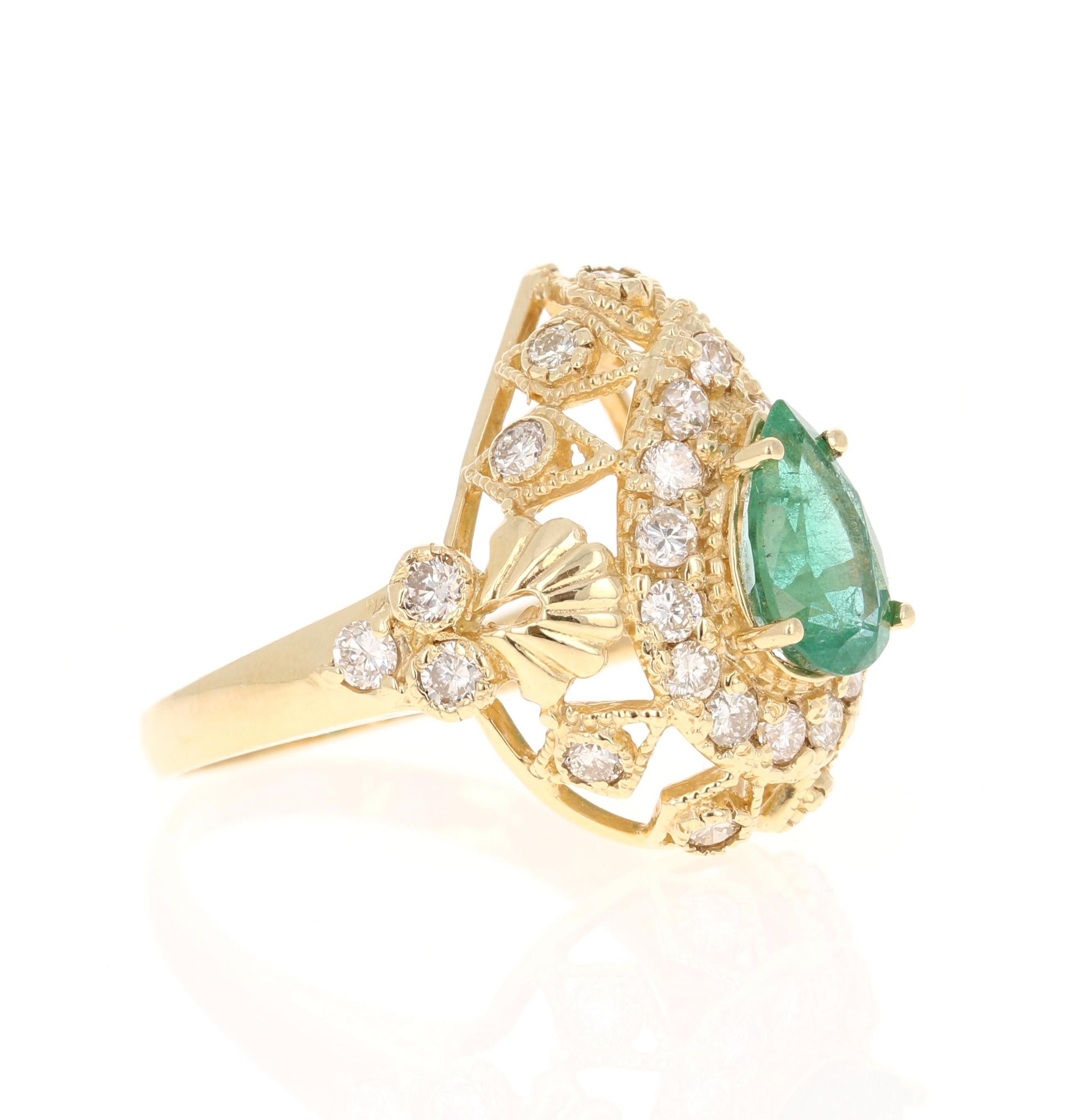 
This Victorian-Inspired ring has a center pear cut Emerald that weighs 1.47 Carats with 29 Round Cut Diamonds that weigh 1.28 carats. (Clarity: SI, Color: F) 
The Total Carat Weight of the ring is 2.75 Carats.
It is set in 14K Yellow Gold and is