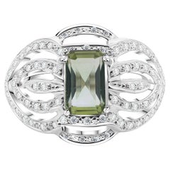 2.75 Carat Green Tourmaline 0.55 Carat SI/H Diamond Ring 18 Karat White Gold