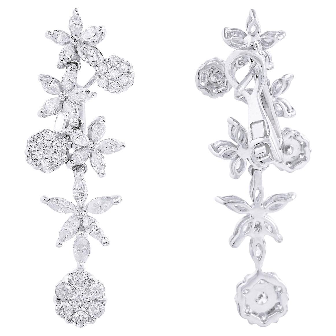 Pendants d'oreilles en or blanc 18 carats avec fleur en diamants ronds et marquises de 2,75 carats