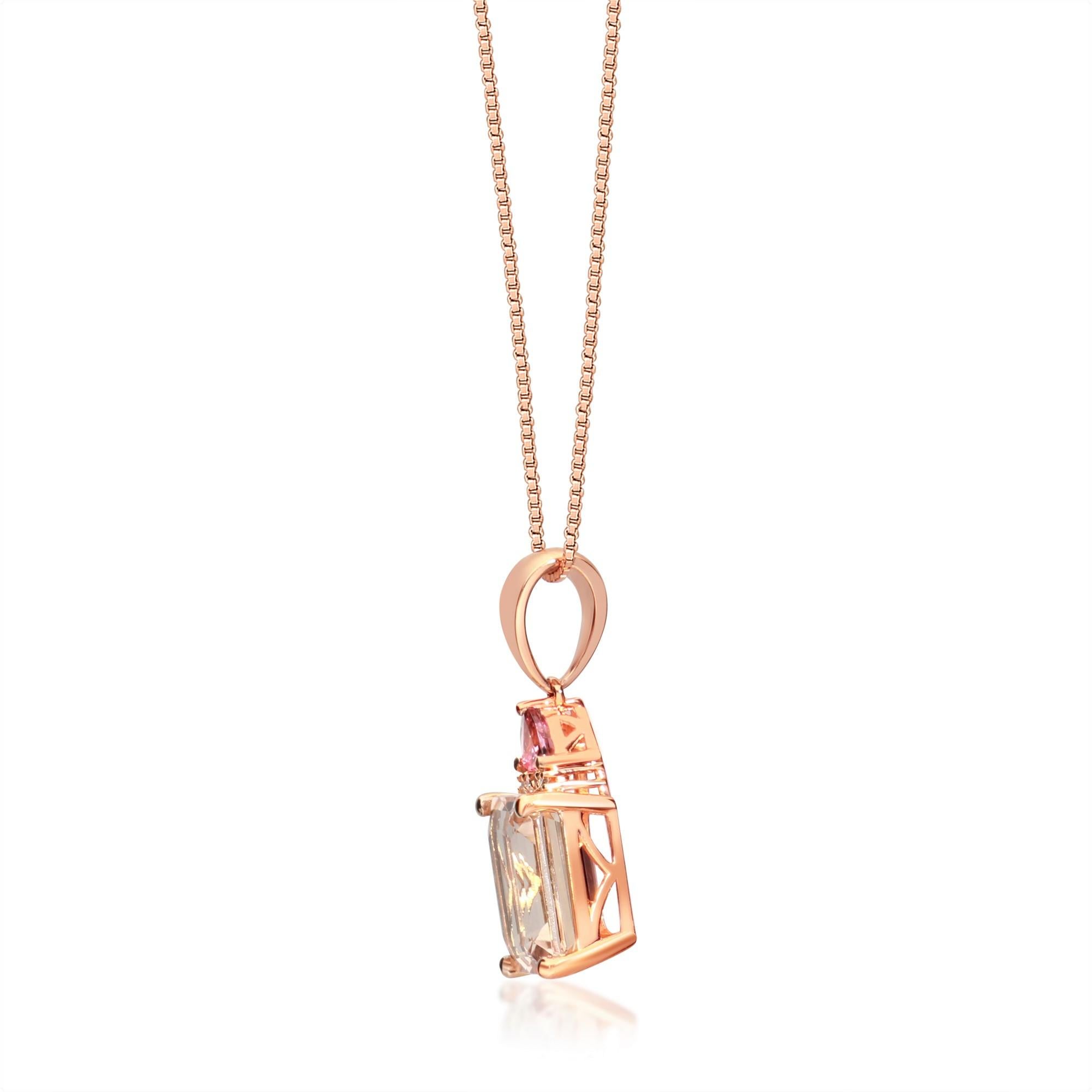 Art déco Pendentif en or 14 carats avec Morganite taille émeraude de 2,75 carats, tourmaline rose et diamant en vente
