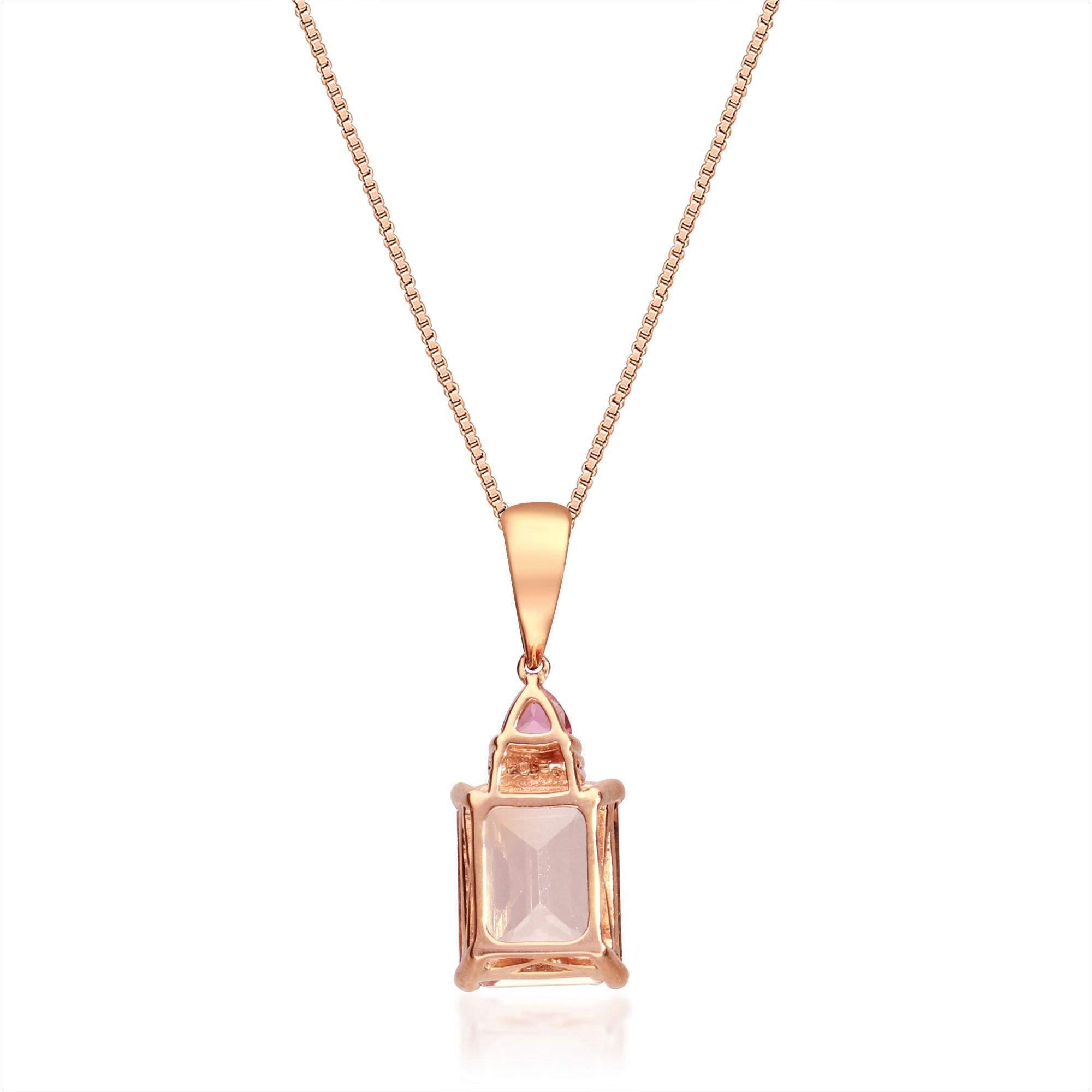 2.75 Carat Morganite Emerald Cut, Pink Tourmaline and Diamond 14K Gold Pendant In New Condition For Sale In New York, NY