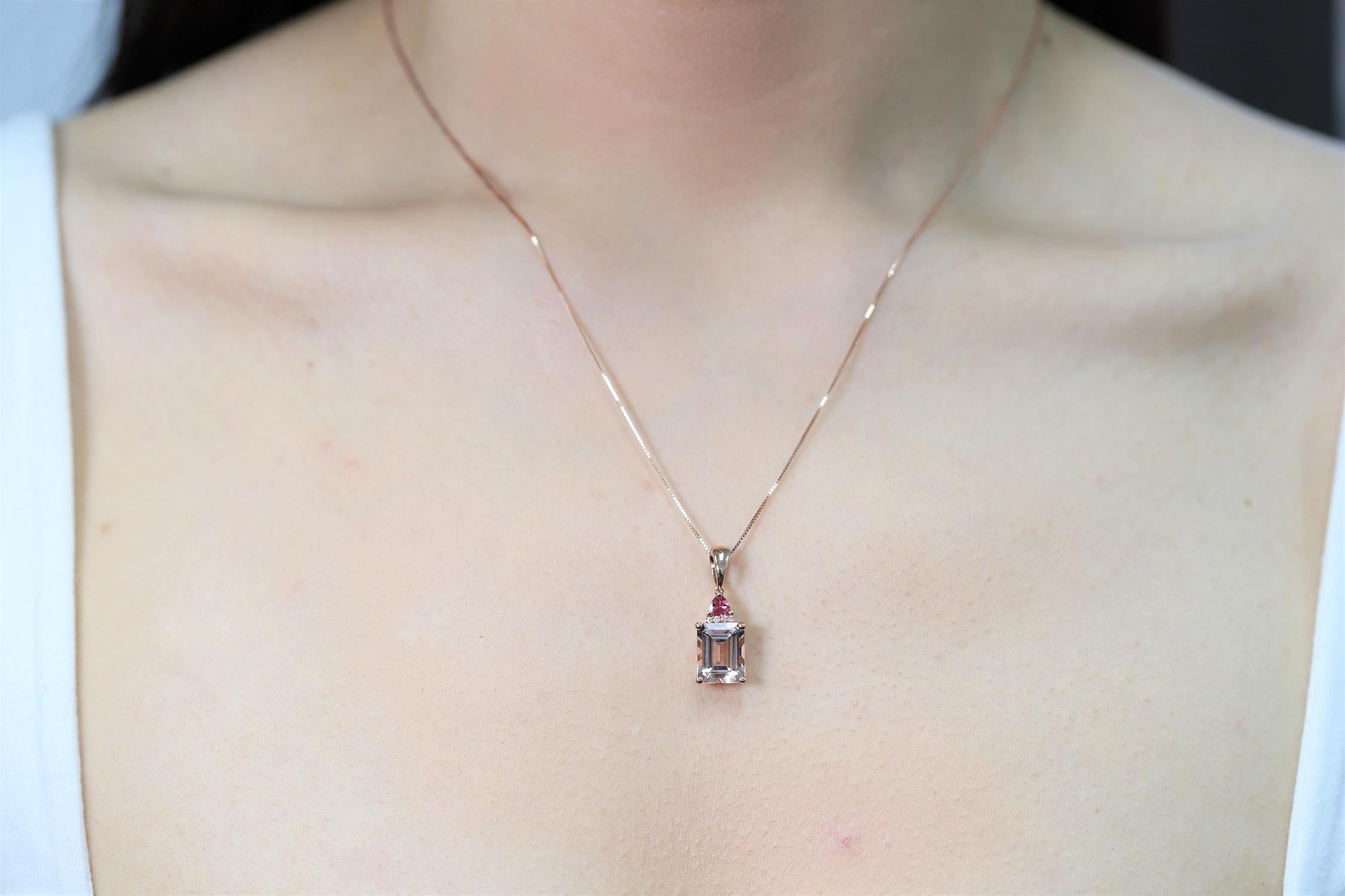 An emerald-cut Genuine morganite gemstone is placed at the bottom of this pendant for sparkle and color. The 14k rose gold necklace is polished and features a secure spring ring clasp. Details 1 prong-set emerald-cut Genuine morganite each measure 8