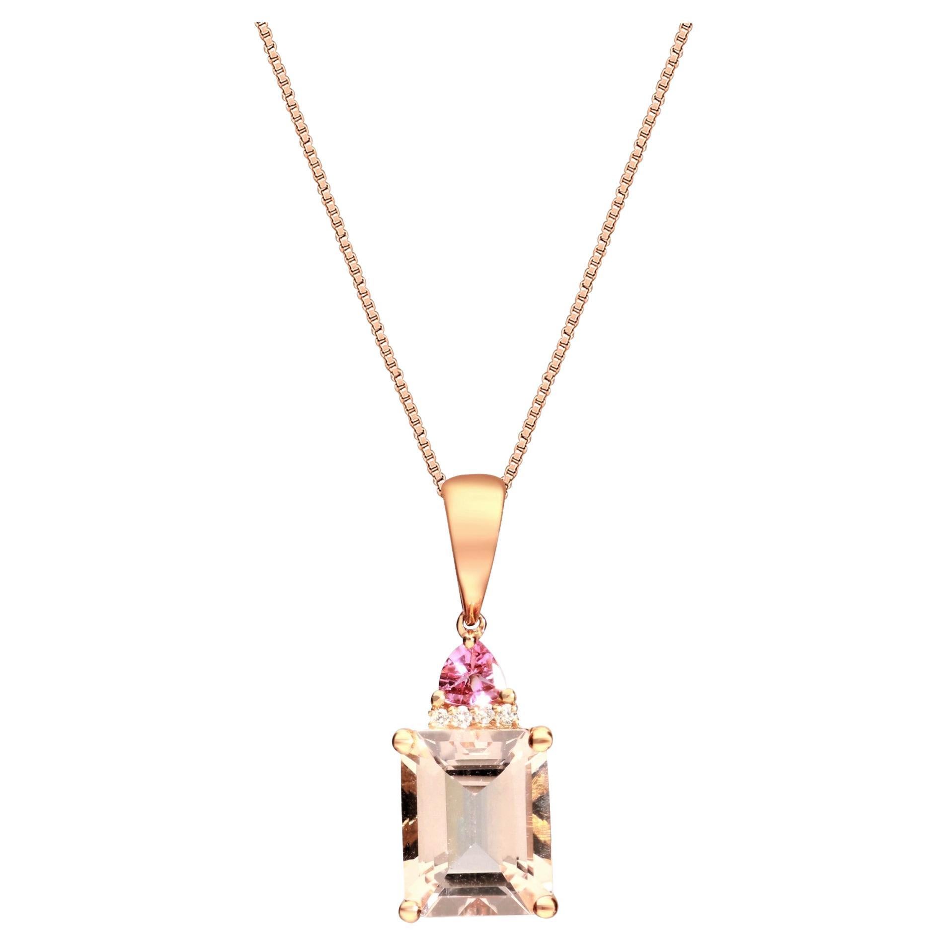 Pendentif en or 14 carats avec Morganite taille émeraude de 2,75 carats, tourmaline rose et diamant