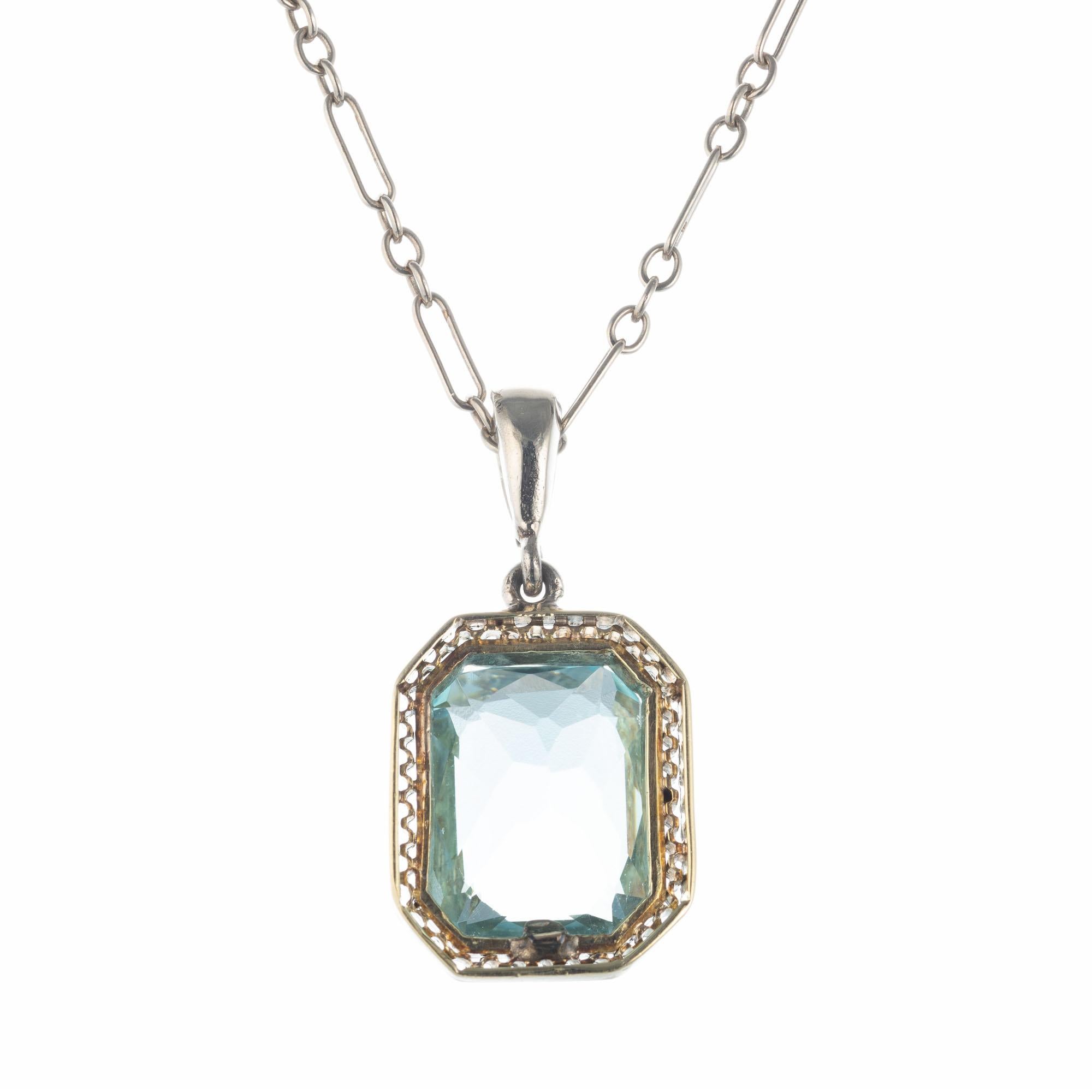 2.75 Carat Natural Aqua Antique Art Deco Platinum Gold Pendant Necklace In Good Condition In Stamford, CT