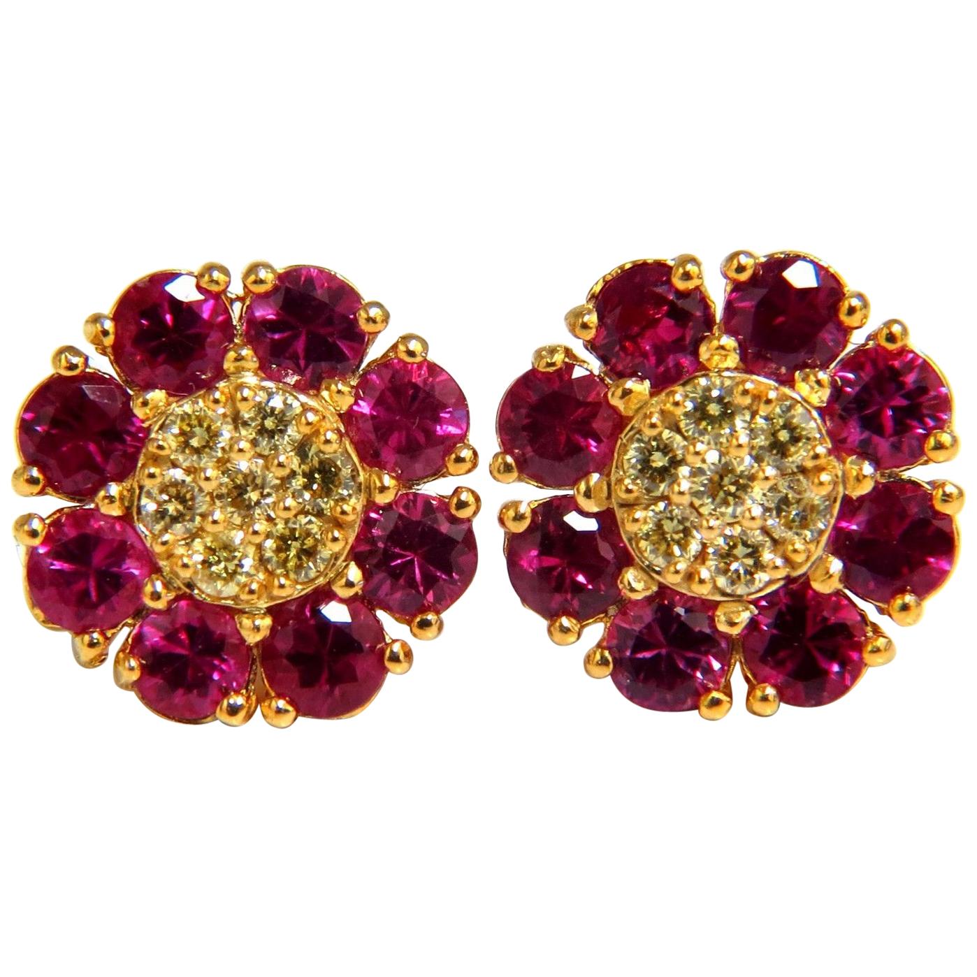 2.75 Carat Natural Fancy Yellow Diamonds Ruby Cluster Earrings 14 Karat