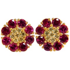 2.75 Carat Natural Fancy Yellow Diamonds Ruby Cluster Earrings 14 Karat