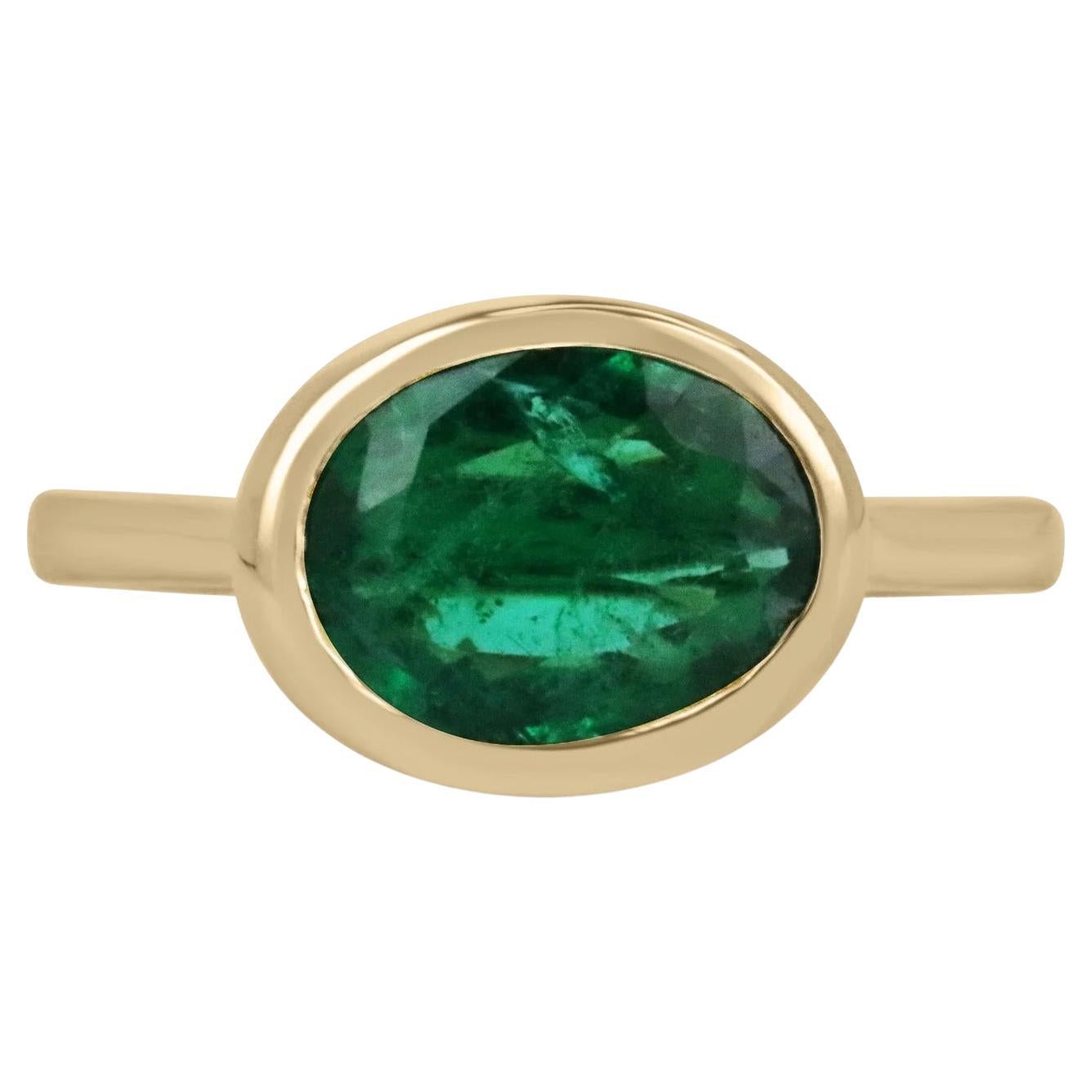 2.75 Carat Natural Vivid Green Oval Cut Emerald Bezel Set Ring East to West 18K For Sale
