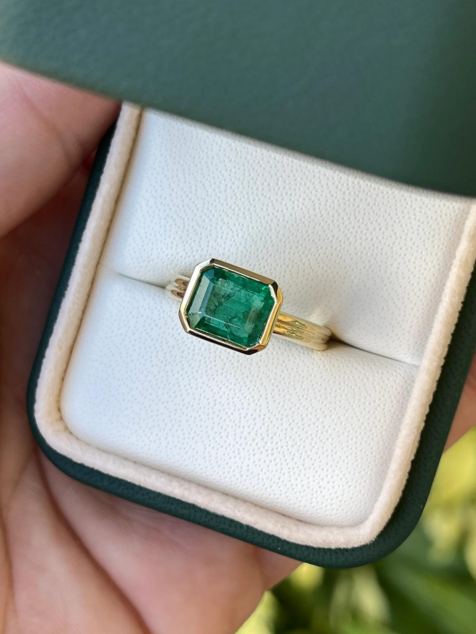 Emerald Cut 2.75 Carat Natural Zambian Emerald East To West Bezel Set Solitaire Ring 14K For Sale
