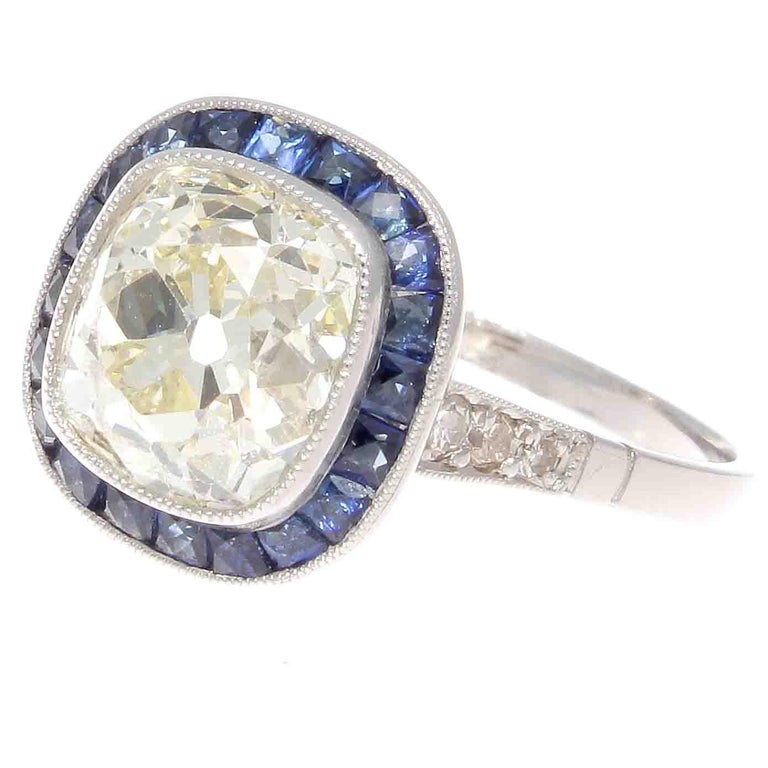 2.75 Carat Old Mine Cut Diamond Sapphire Platinum Halo Engagement Ring