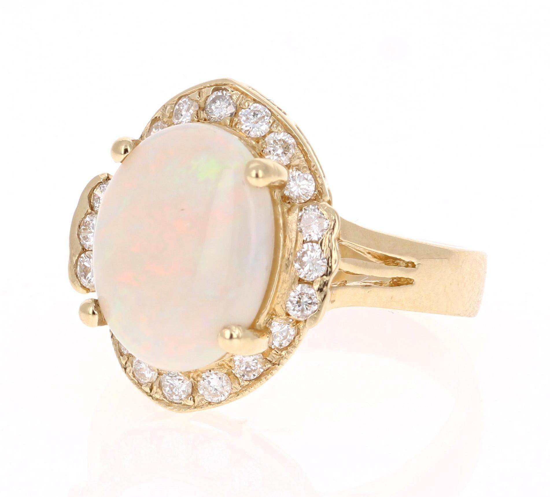 Art Deco 2.75 Carat Opal Diamond Yellow Gold Cocktail Ring For Sale