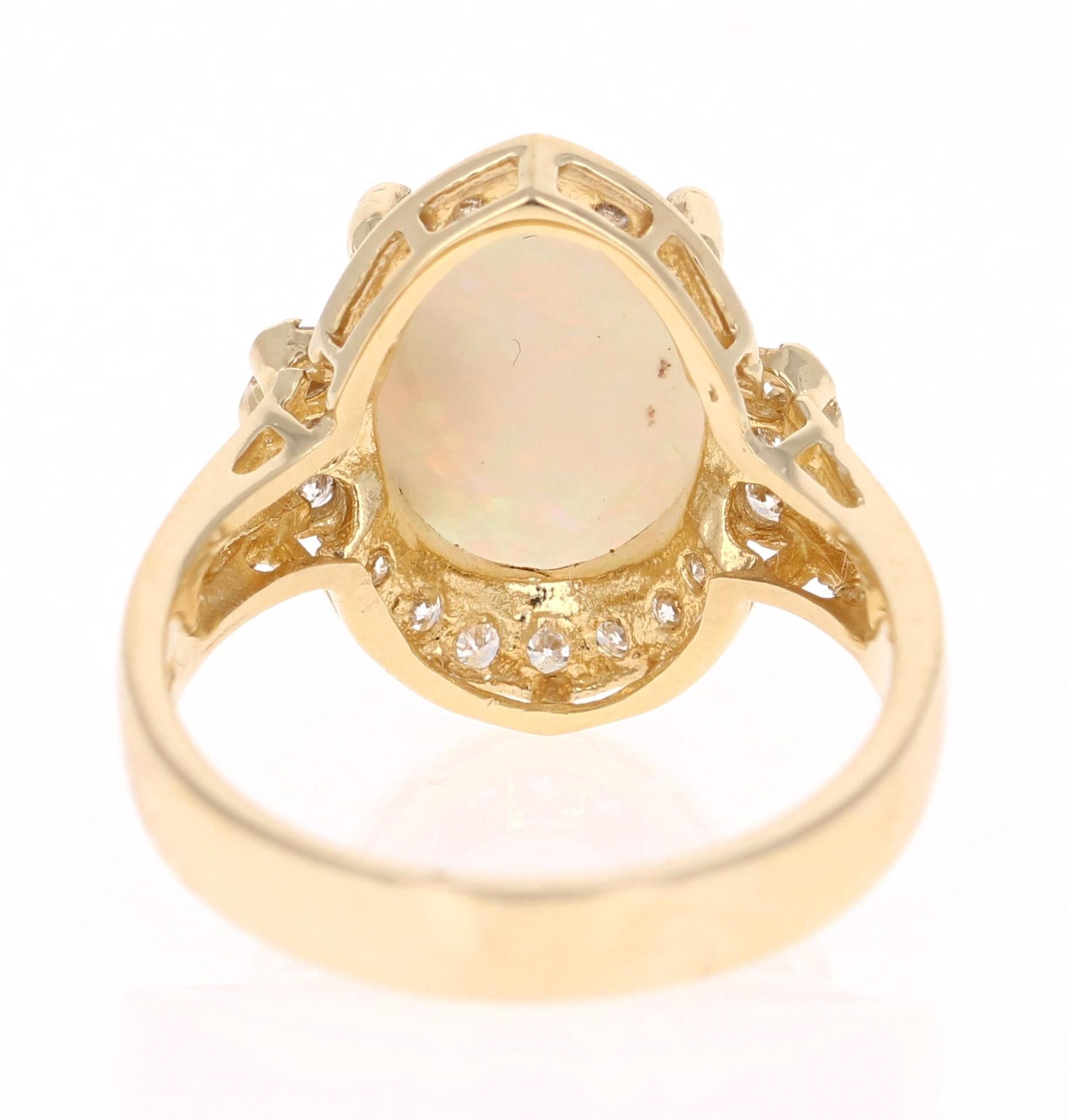 Oval Cut 2.75 Carat Opal Diamond Yellow Gold Cocktail Ring For Sale