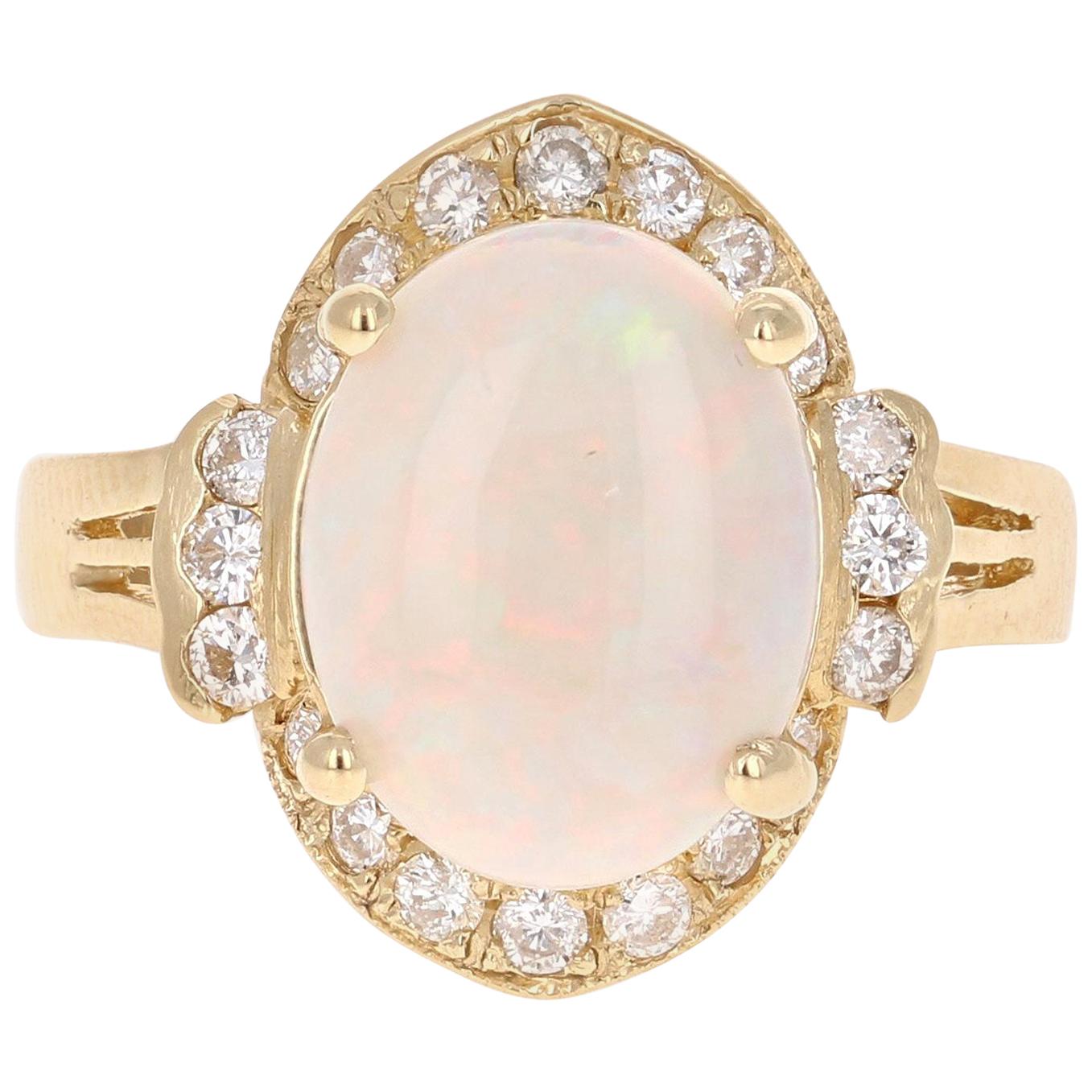 2.75 Carat Opal Diamond Yellow Gold Cocktail Ring For Sale