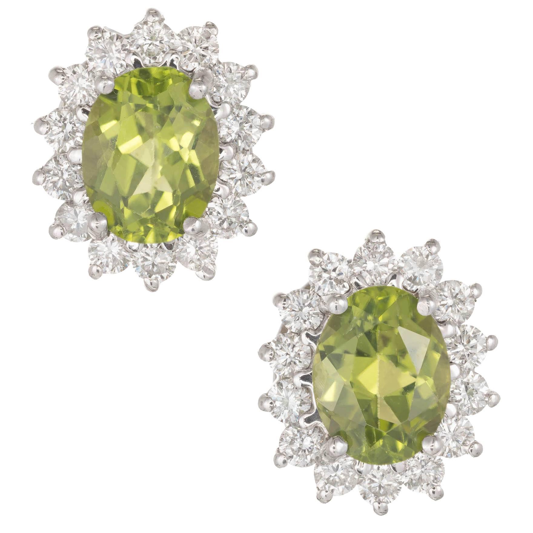 2.75 Carat Oval Peridot Diamond Halo Gold Stud Earrings