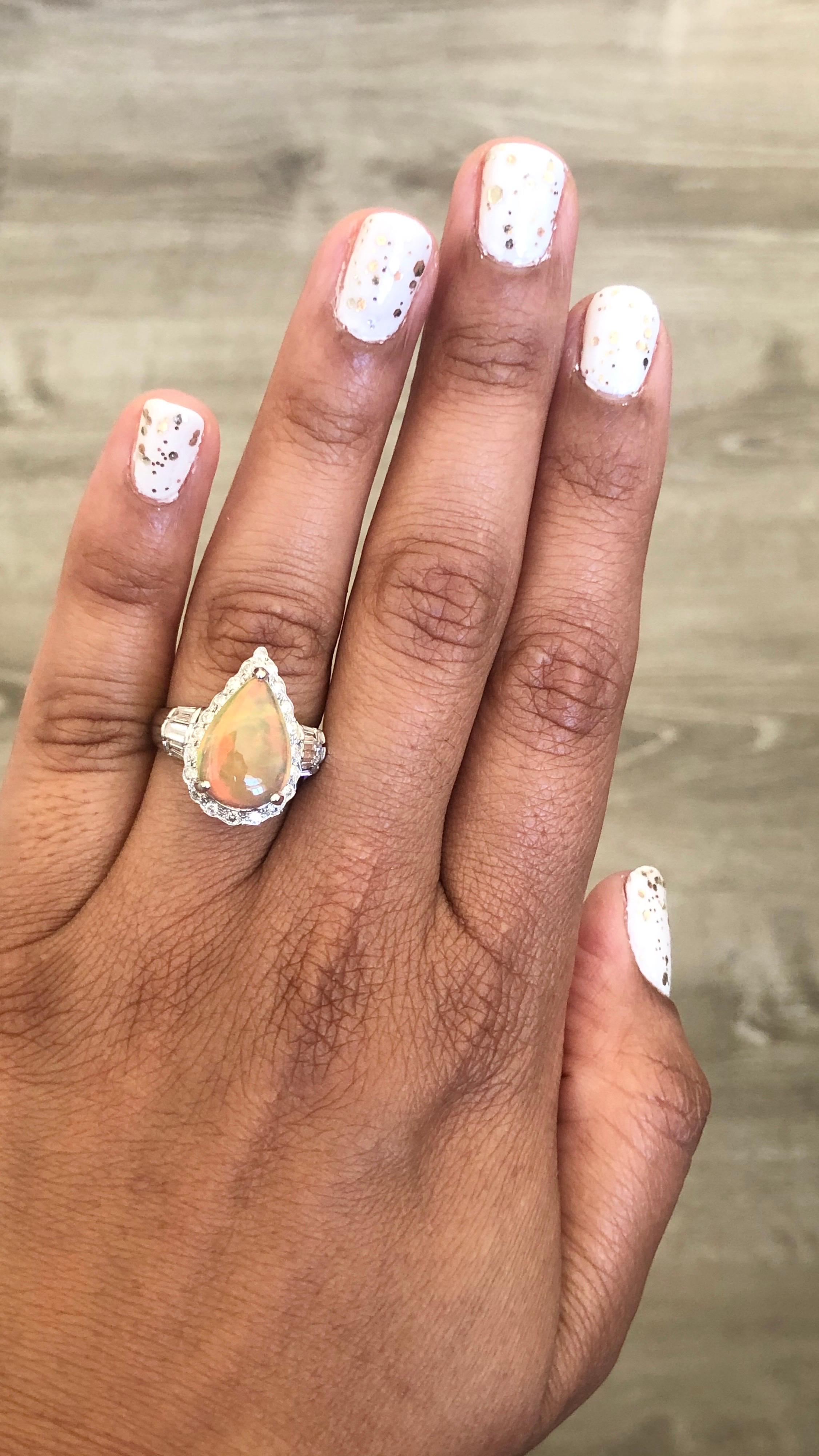 Women's 2.75 Carat Pear Cut Opal Diamond 14 Karat White Gold Ring For Sale