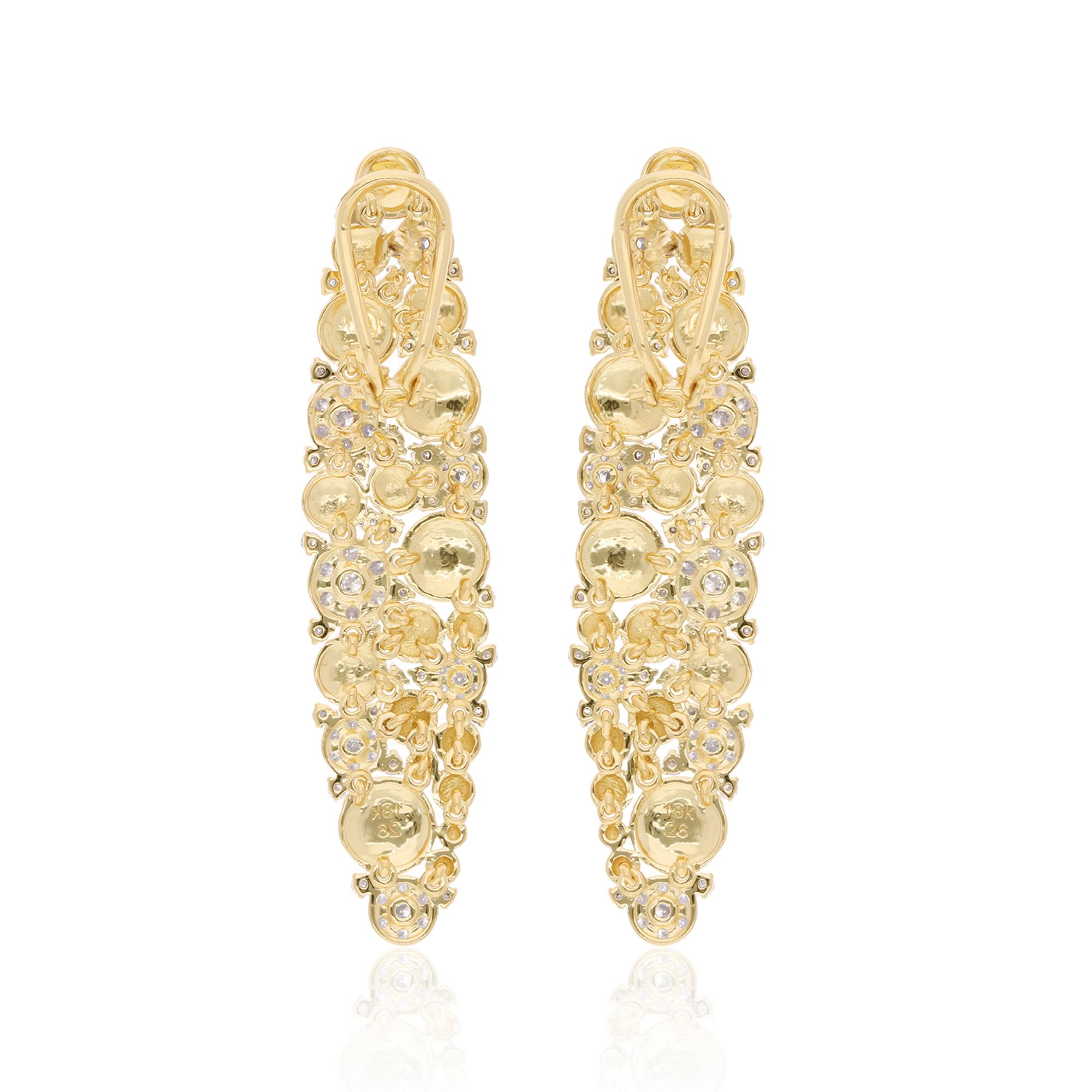 Women's 2.75 Carat Round Diamond Dangle Earrings 18 Karat Yellow Gold Handmade Jewelry For Sale