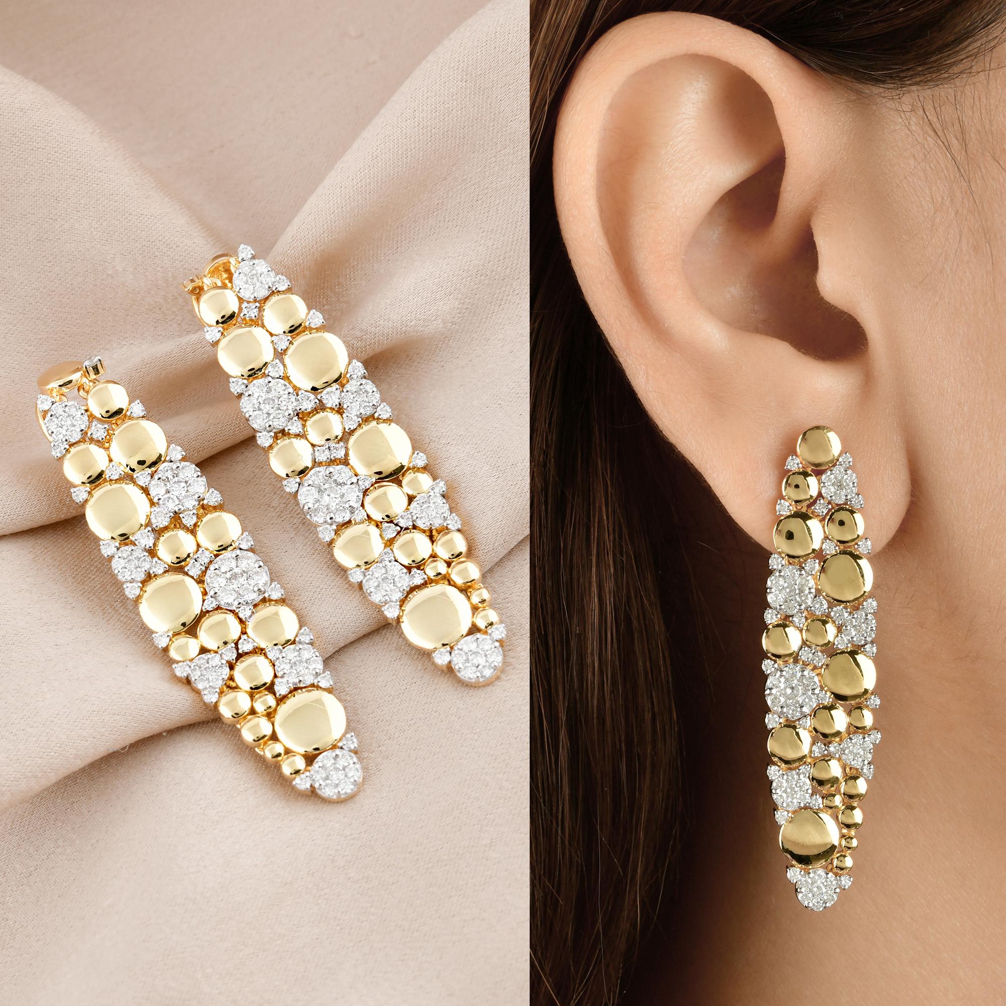 2.75 Carat Round Diamond Dangle Earrings 18 Karat Yellow Gold Handmade Jewelry For Sale 1