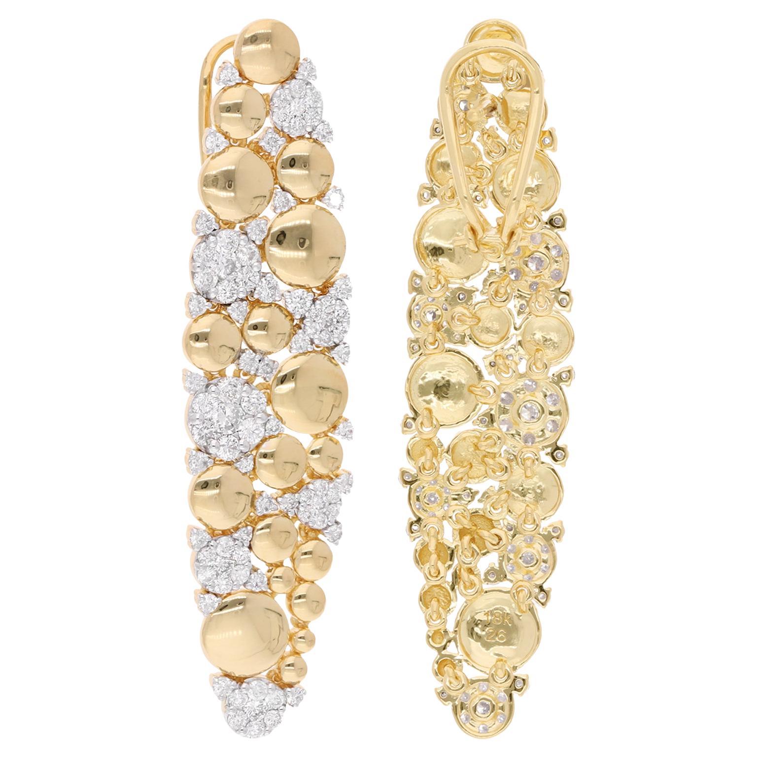 2.75 Carat Round Diamond Dangle Earrings 18 Karat Yellow Gold Handmade Jewelry For Sale