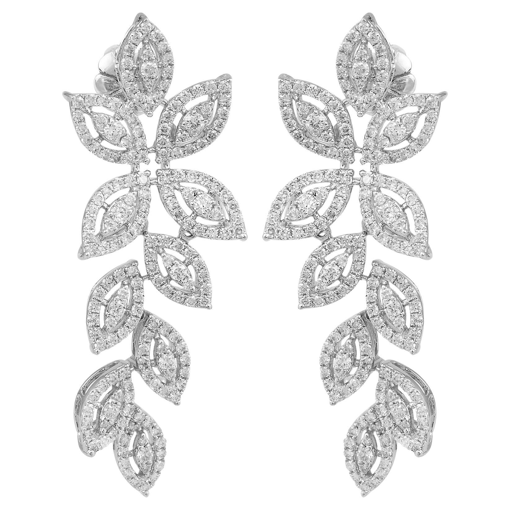 2.75 Carat SI Clarity HI Color Diamond Leaf Design Earrings 18 Karat White Gold For Sale