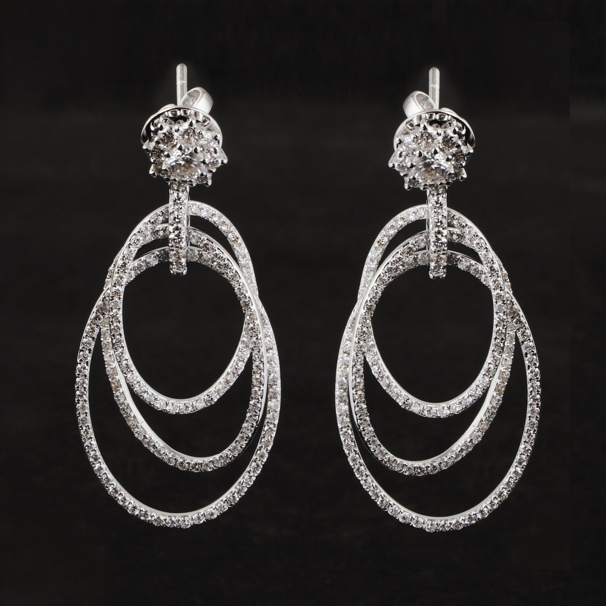 Women's 2.75 Carat SI Clarity HI Color Diamond Pave Dangle Earrings 18 Karat White Gold For Sale