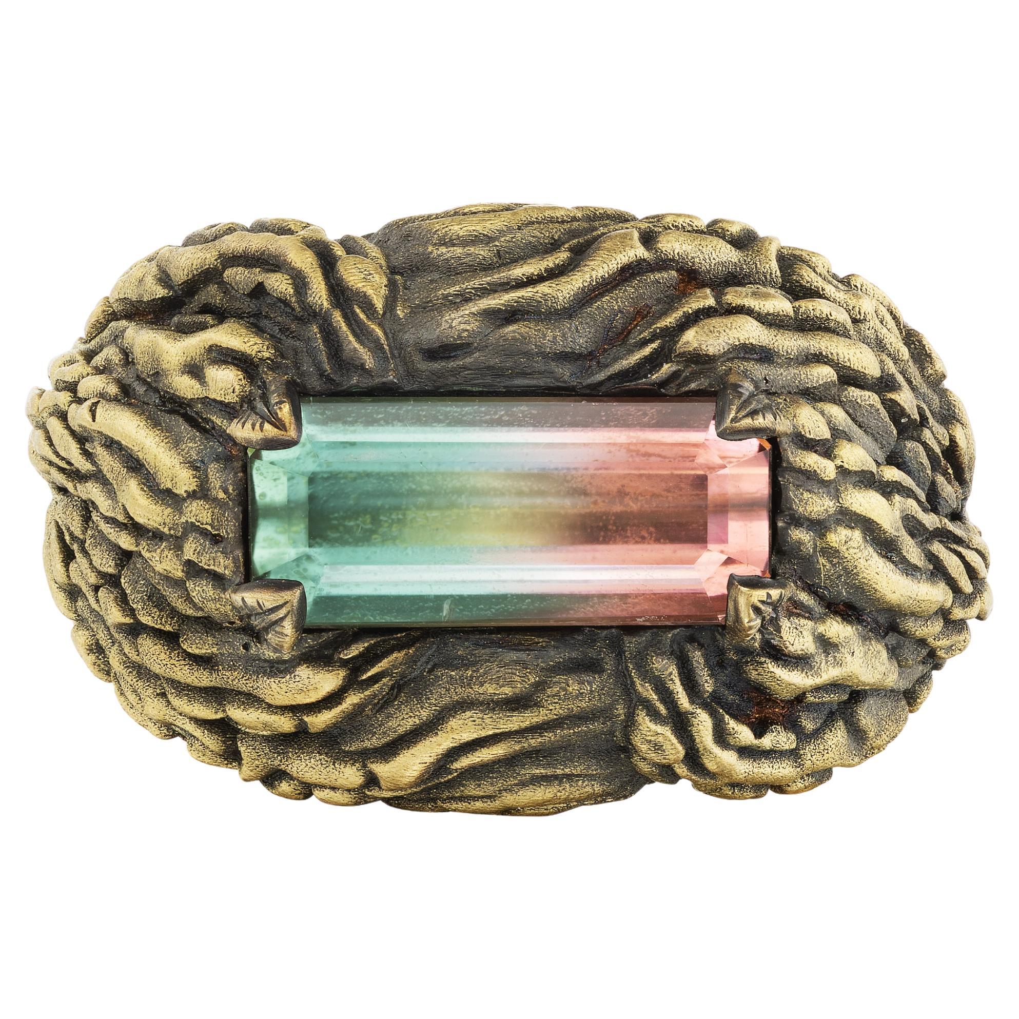 2.75 Carat Watermelon Tourmaline 18K Yellow Gold Ring For Sale