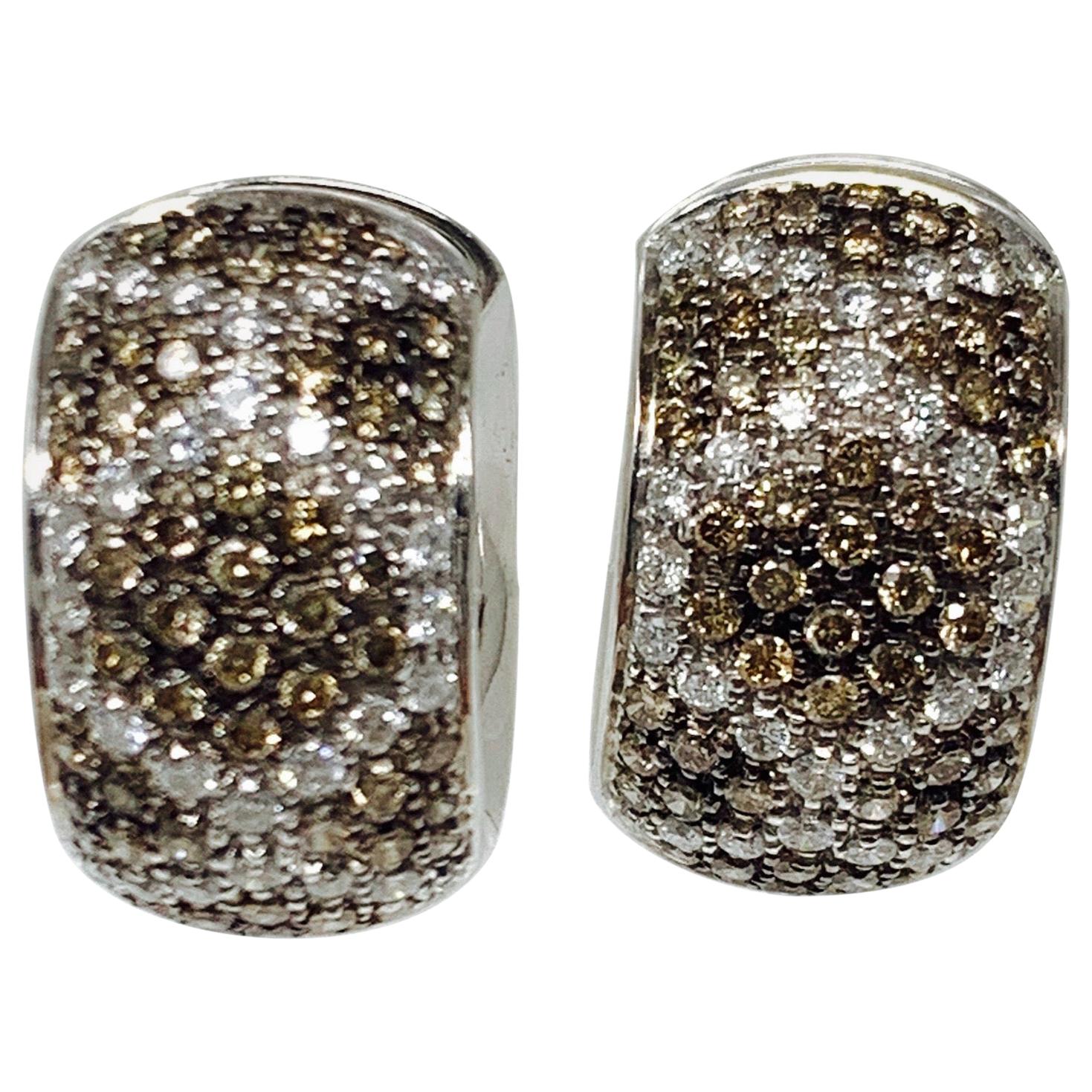 2.75 Carat White and Brown Diamond Hoop Earrings in 18 Karat White Gold For Sale
