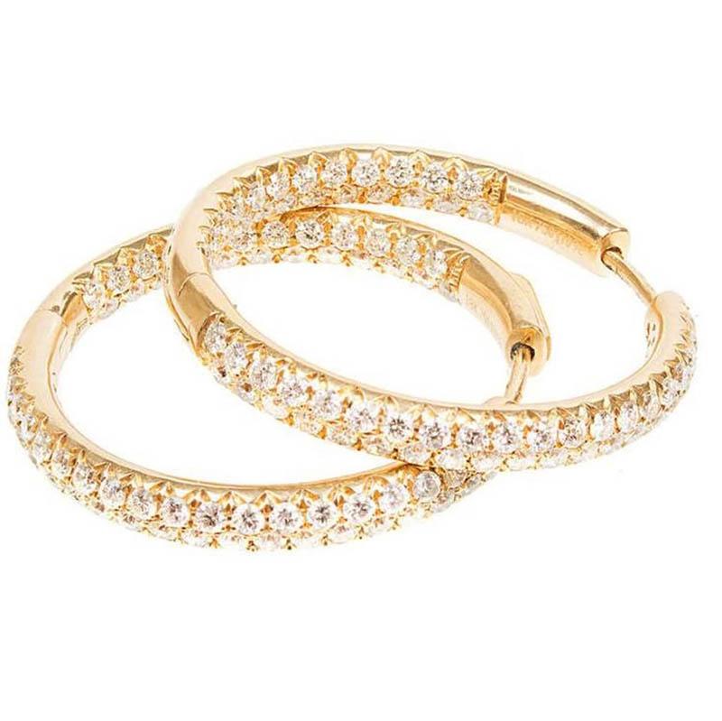 Round hinged two row inside and out Diamond hoop earrings with post tops that fit into a secure locking mechanism. 

Inside out style 2 row micro pave hoops. 
128  2.75ct. F color, VS2 clarity. 
Top to bottom: 30.73mm or 1.21 inches
Width: 3.85mm or