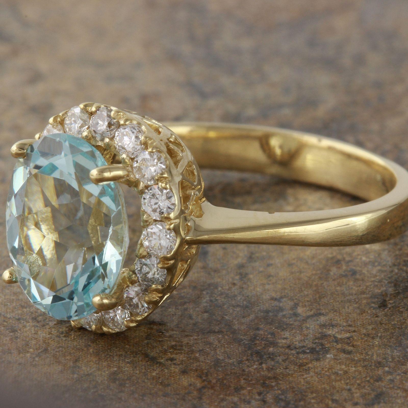 Rose Cut 2.75 Carat Exquisite Natural Aquamarine and Diamond 14 Karat Solid Gold Ring For Sale