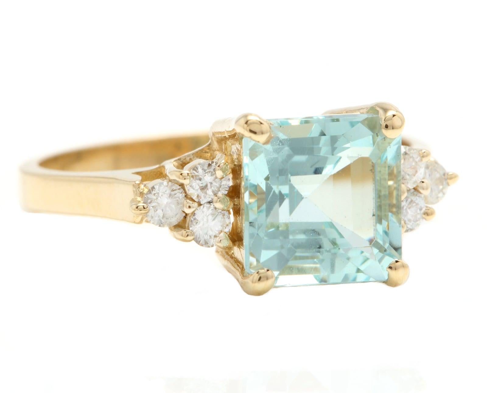 2.75 Carats Impressive Natural Aquamarine and Diamond 14K Yellow Gold Ring

Suggested Replacement Value: Approx. $3,800.00

Total Natural Square Cut Aquamarine Weight is: Approx. 2.50 Carats

Aquamarine Measures: Approx. 7.80 x 7.80mm

Natural Round