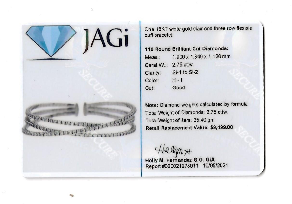 2.75 Carats Total Diamond Three Row Flexible 18 Karat White Gold Cuff Bracelet  For Sale 8