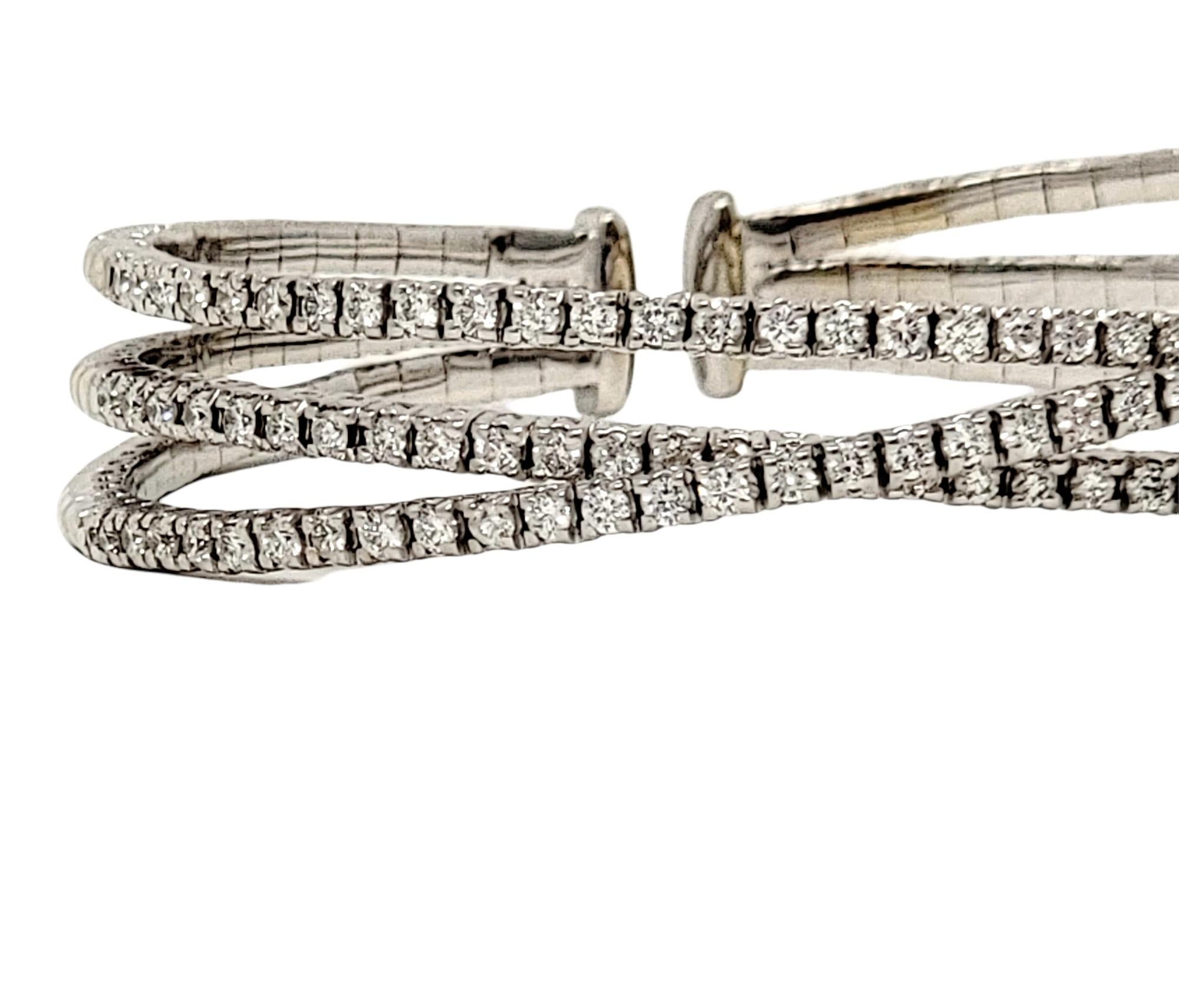 Contemporary 2.75 Carats Total Diamond Three Row Flexible 18 Karat White Gold Cuff Bracelet  For Sale
