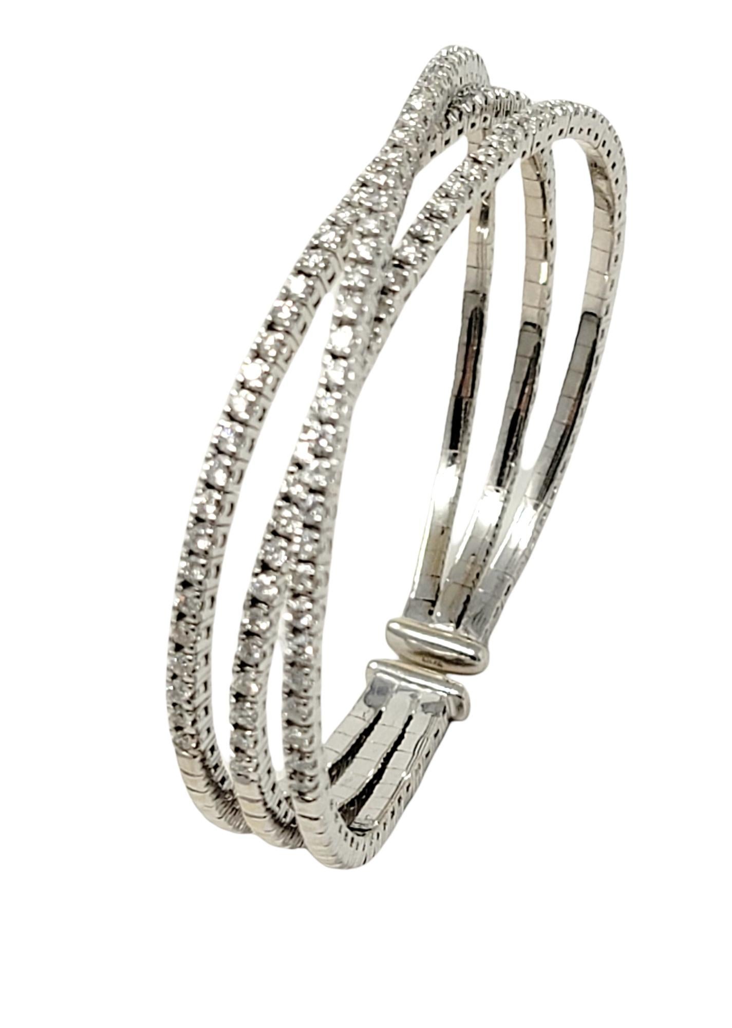 Women's 2.75 Carats Total Diamond Three Row Flexible 18 Karat White Gold Cuff Bracelet  For Sale
